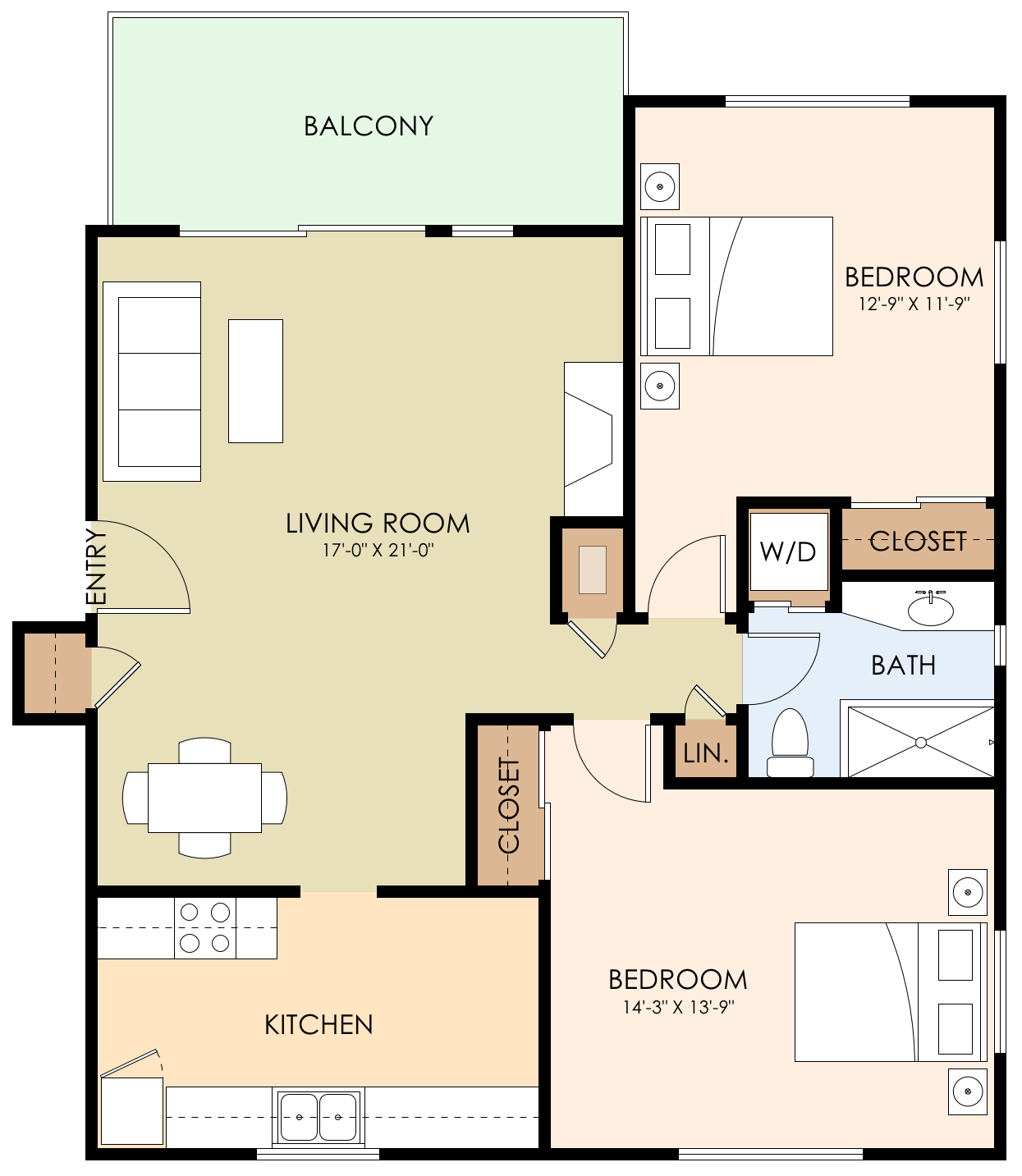 Floor plan for 2 beds, 1 bath, 918 sqft